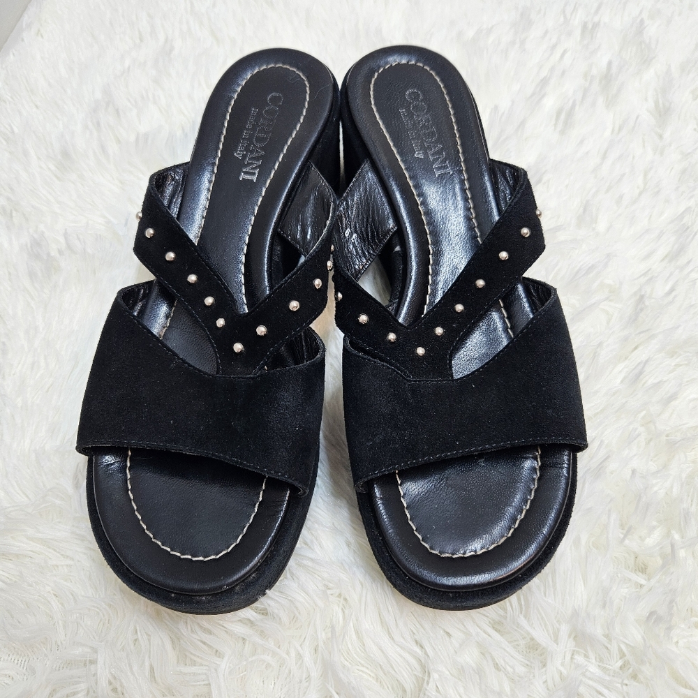 Ladies Cordani Studded Wedge Sandals Black Suede Slides Heels Shoes